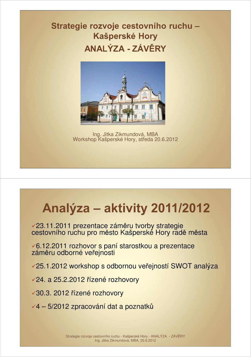 2011 rozhovor s paní starostkou a prezentace záměru odborné veřejnosti 25.1.2012 workshop s odbornou veřejností SWOT analýza 24.