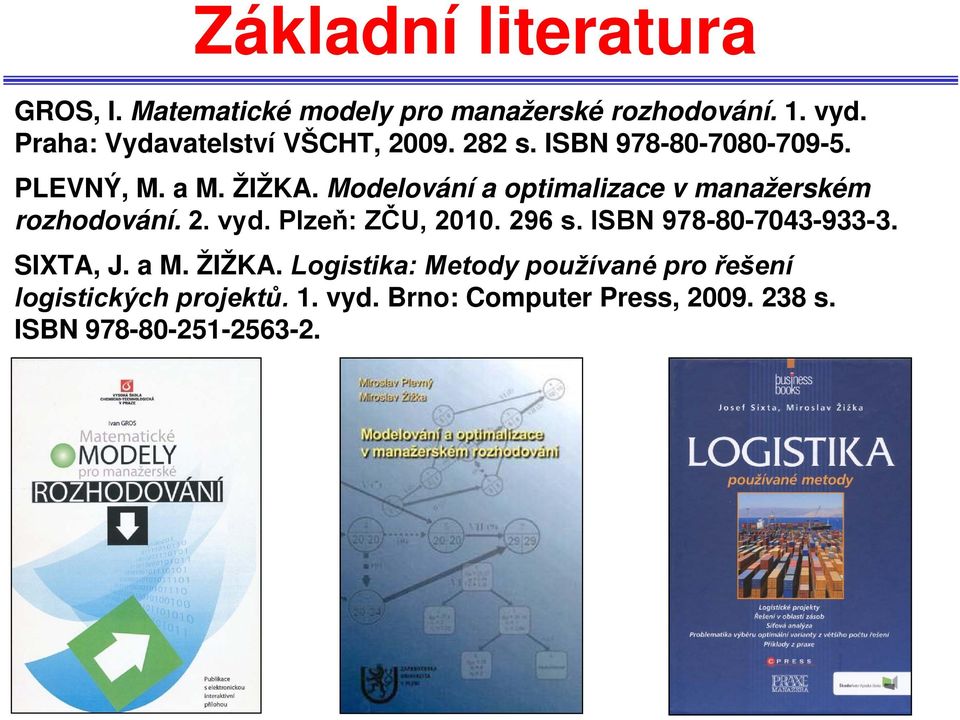 Modelování a optimalizace v manažerském rozhodování. 2. vyd. Plzeň: ZČU, 2010. 296 s.