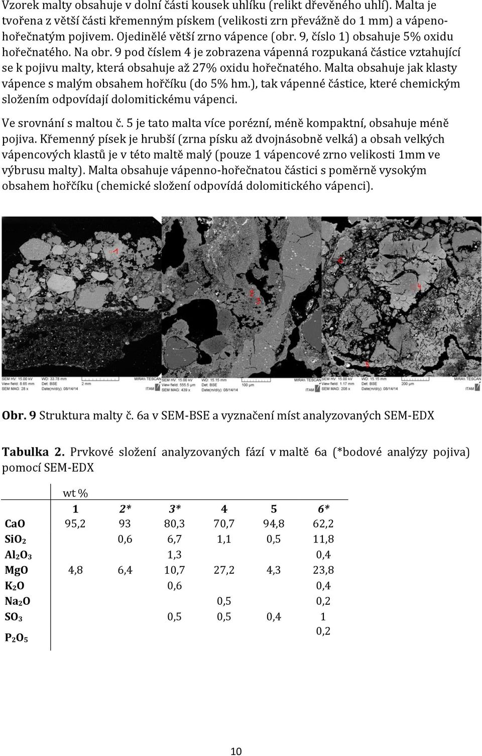 9 pod číslem 4 je zobrazena vápenná rozpukaná částice vztahující se k pojivu malty, která obsahuje až 27% oxidu hořečnatého. Malta obsahuje jak klasty vápence s malým obsahem hořčíku (do 5% hm.