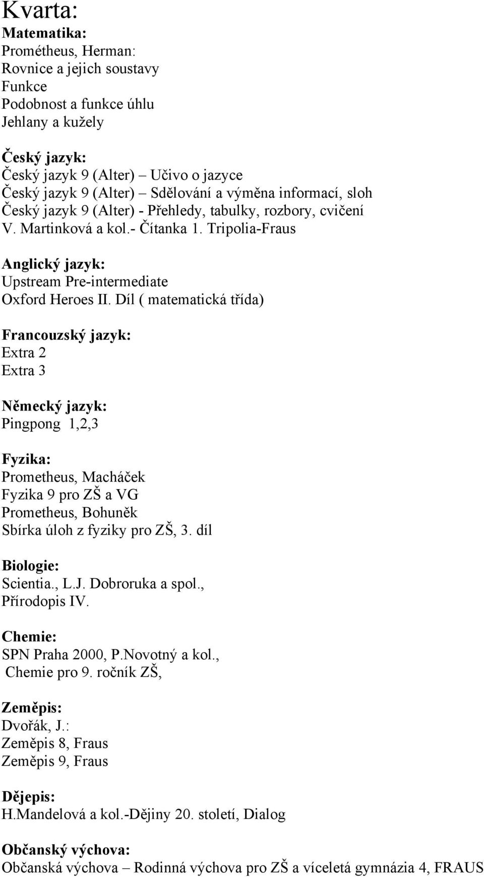 Díl ( matematická třída) Extra 2 Extra 3 Pingpong 1,2,3 Prometheus, Macháček Fyzika 9 pro ZŠ a VG Sbírka úloh z fyziky pro ZŠ, 3. díl Scientia., L.J. Dobroruka a spol., Přírodopis IV.