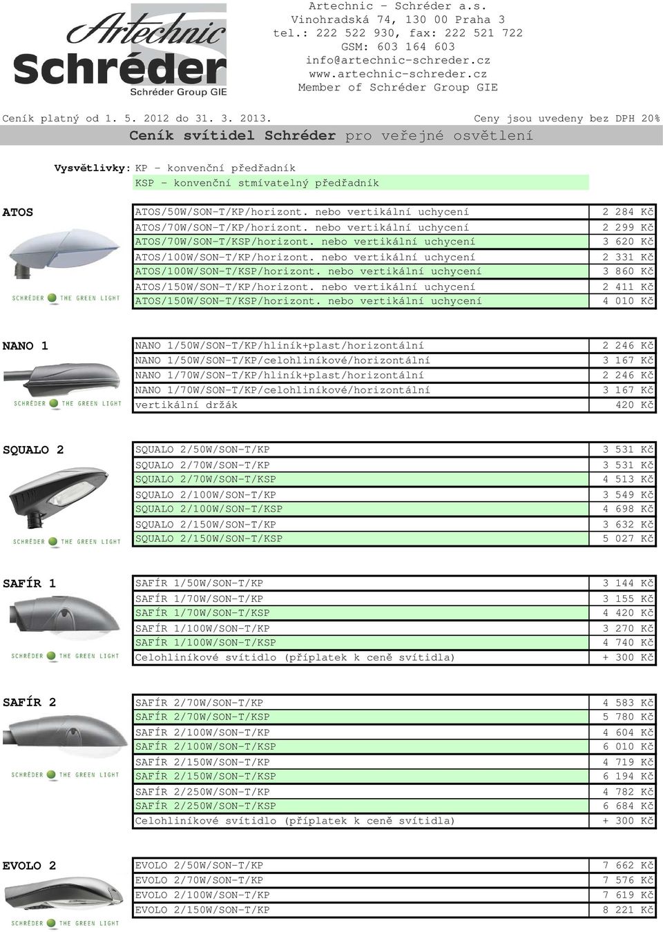 Ceny jsou uvedeny bez DPH 20% Ceník svítidel Schréder pro veřejné osvětlení Vysvětlivky: KP - konvenční předřadník KSP - konvenční stmívatelný předřadník ATOS ATOS/50W/SON-T/KP/horizont.