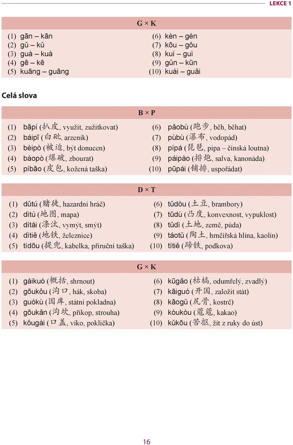 pūpái (, uspořádat) D T (1) dǔtú (, hazardní hráč) (2) dìtú (, mapa) (3) dítài (, vymýt, smýt) (4) dìtiě (, železnice) (5) tídōu (, kabelka, příruční taška) (6) tǔdòu (, brambory) (7) tūdù (,