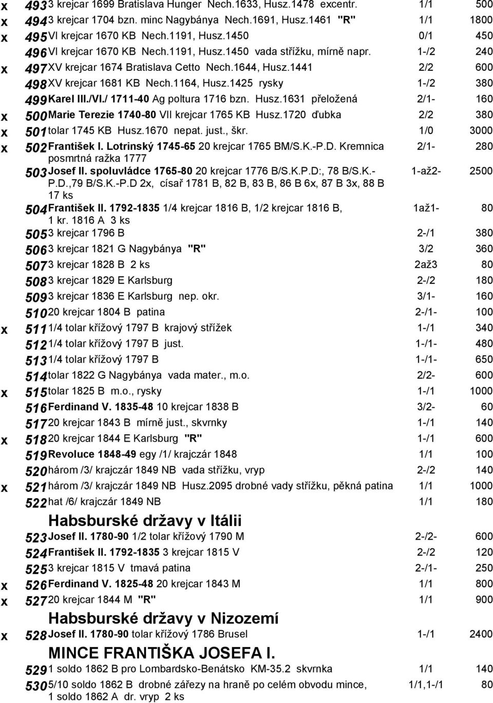 1425 rysky 1-/2 380 499 Karel III./VI./ 1711-40 Ag poltura 1716 bzn. Husz.1631 přeložená 2/1-160 500 Marie Terezie 1740-80 VII krejcar 1765 KB Husz.1720 ďubka 2/2 380 501 tolar 1745 KB Husz.