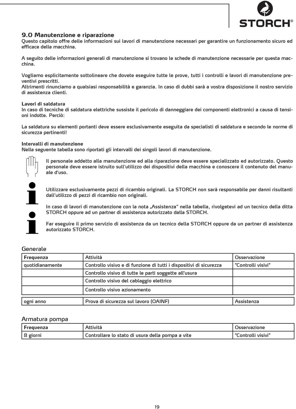 Vogliamo esplicitamente sottolineare che dovete eseguire tutte le prove, tutti i controlli e lavori di manutenzione preventivi prescritti. Altrimenti rinunciamo a qualsiasi responsabilità e garanzia.