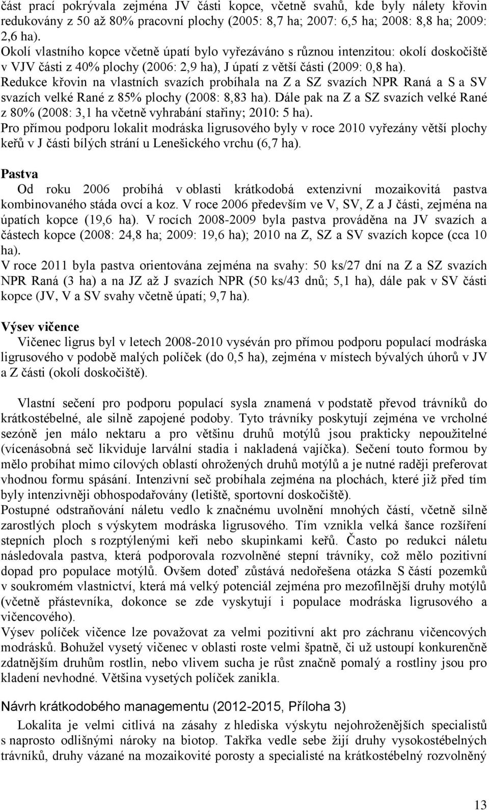 Redukce křovin na vlastních svazích probíhala na Z a SZ svazích NPR Raná a S a SV svazích velké Rané z 85% plochy (2008: 8,83 ha).