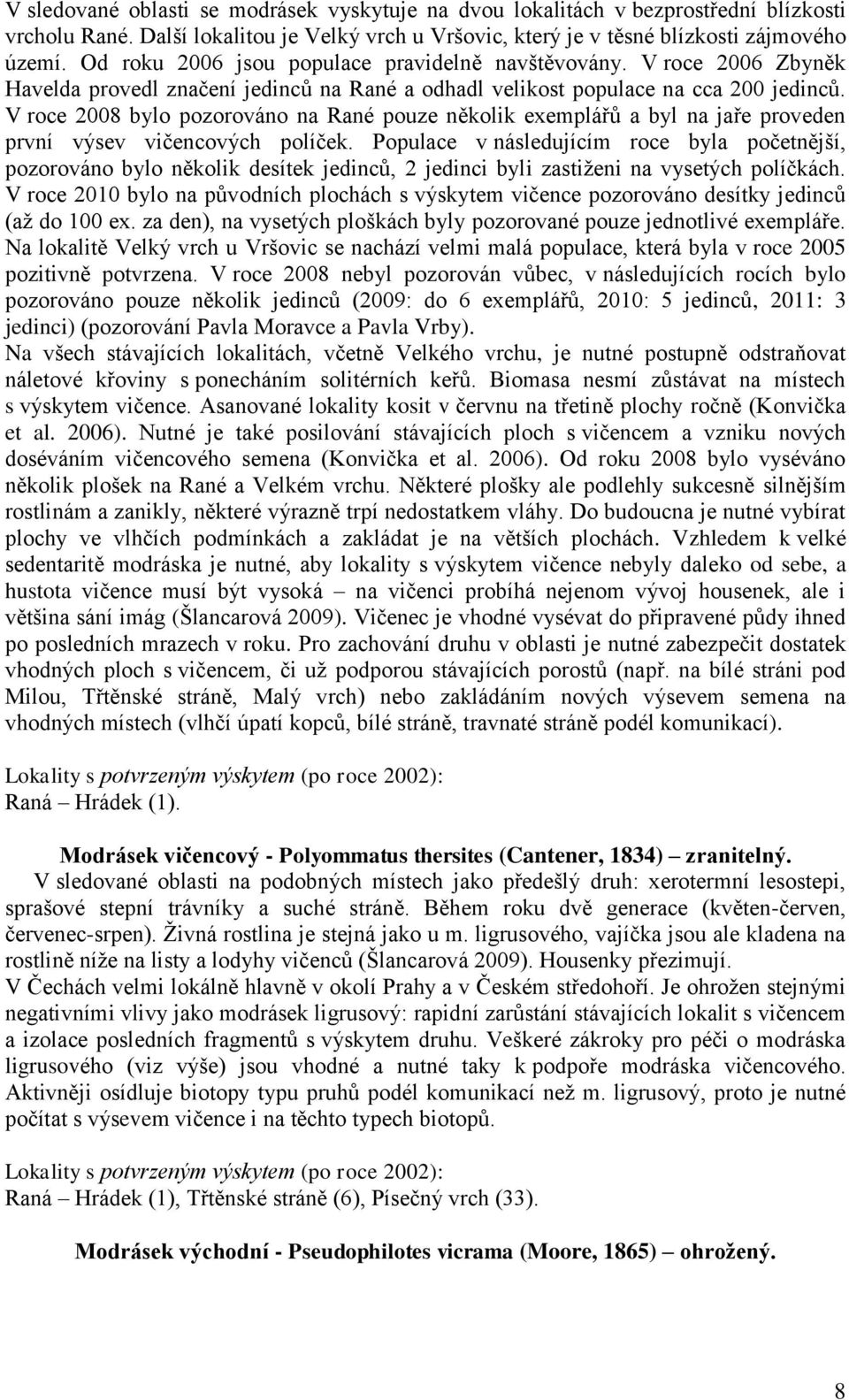 V roce 2008 bylo pozorováno na Rané pouze několik exemplářů a byl na jaře proveden první výsev vičencových políček.