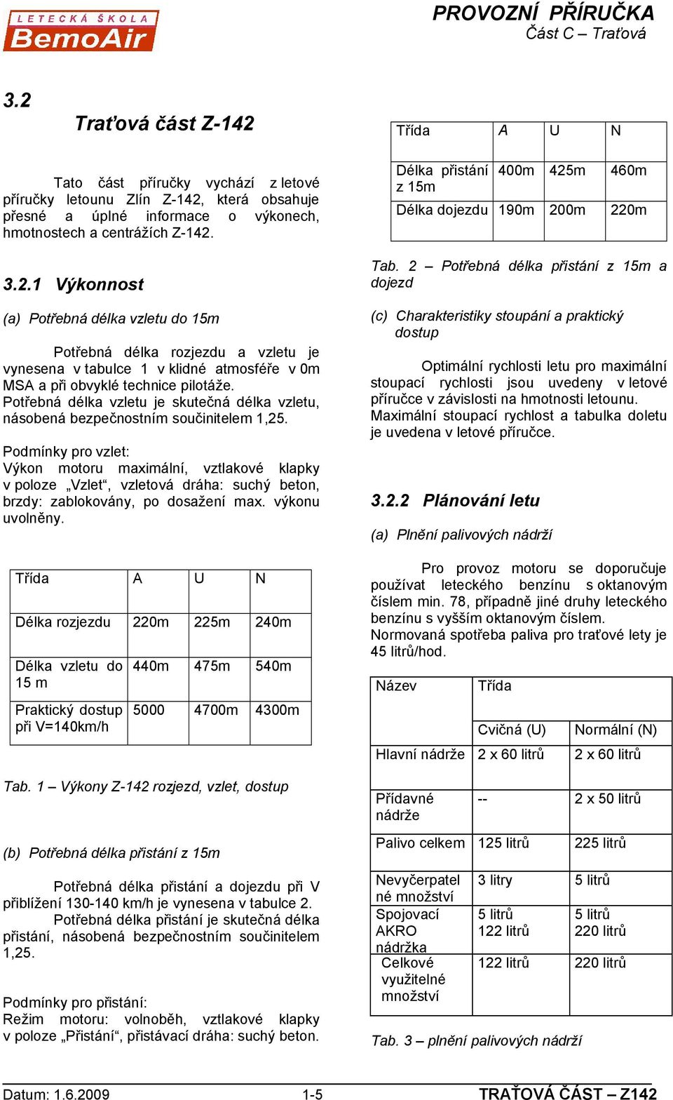 Podmínky pro vzlet: Výkon motoru maximální, vztlakové klapky v poloze Vzlet, vzletová dráha: suchý beton, brzdy: zablokovány, po dosažení max. výkonu uvolněny.