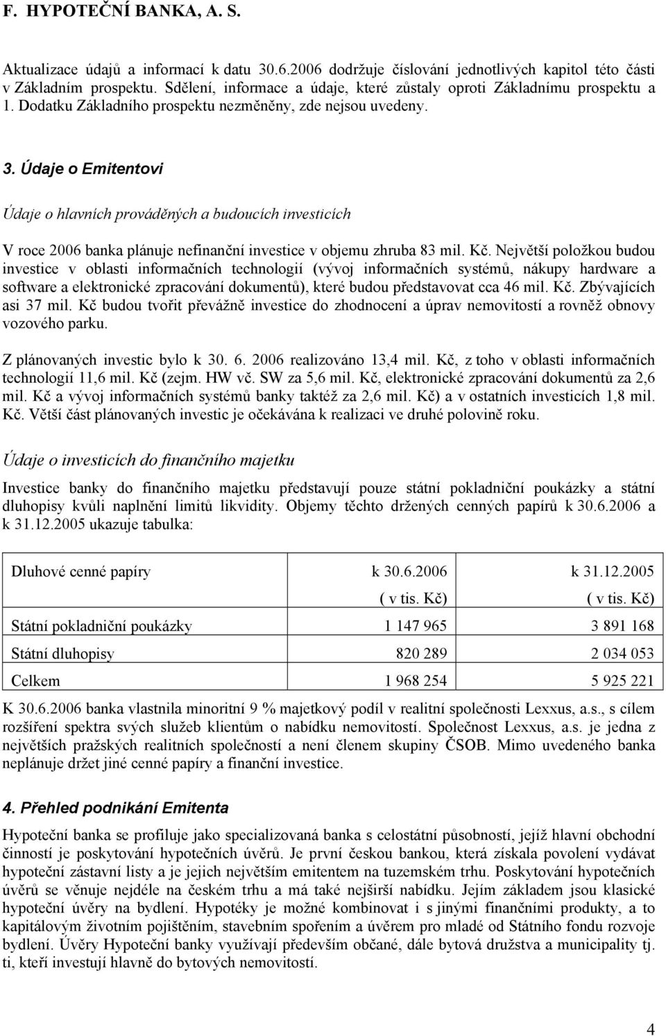 Údaje o Emitentovi Údaje o hlavních prováděných a budoucích investicích V roce 2006 banka plánuje nefinanční investice v objemu zhruba 83 mil. Kč.