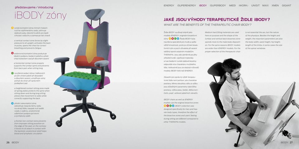 pressure to sit upright, activates the back muscles, opens the chest for correct breathing and prevents fatigue B vodorovná kontaktní zóna poskytuje ideální podporu bederní páteře a předchází