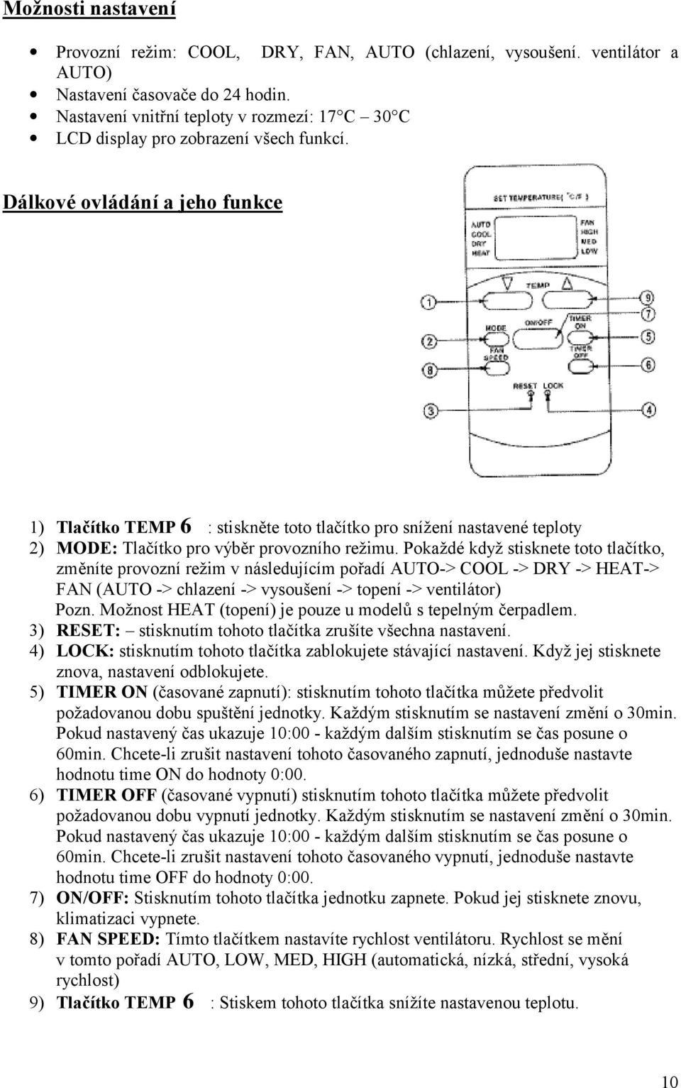 Dá lkové ovlá dá ní a jeho funkce 1) Tlačítko TEMP 6 : stiskněte toto tlačítko pro sníž enínastavené teploty 2) MODE: Tlačítko pro vý běr provozního režimu.