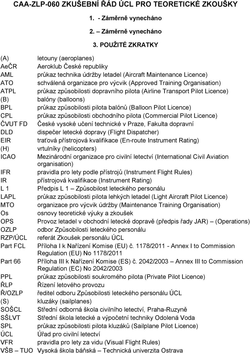 Organisation) ATPL průkaz způsobilosti dopravního pilota (Airline Transport Pilot Licence) (B) balóny (balloons) BPL průkaz způsobilosti pilota balónů (Balloon Pilot Licence) CPL průkaz způsobilosti