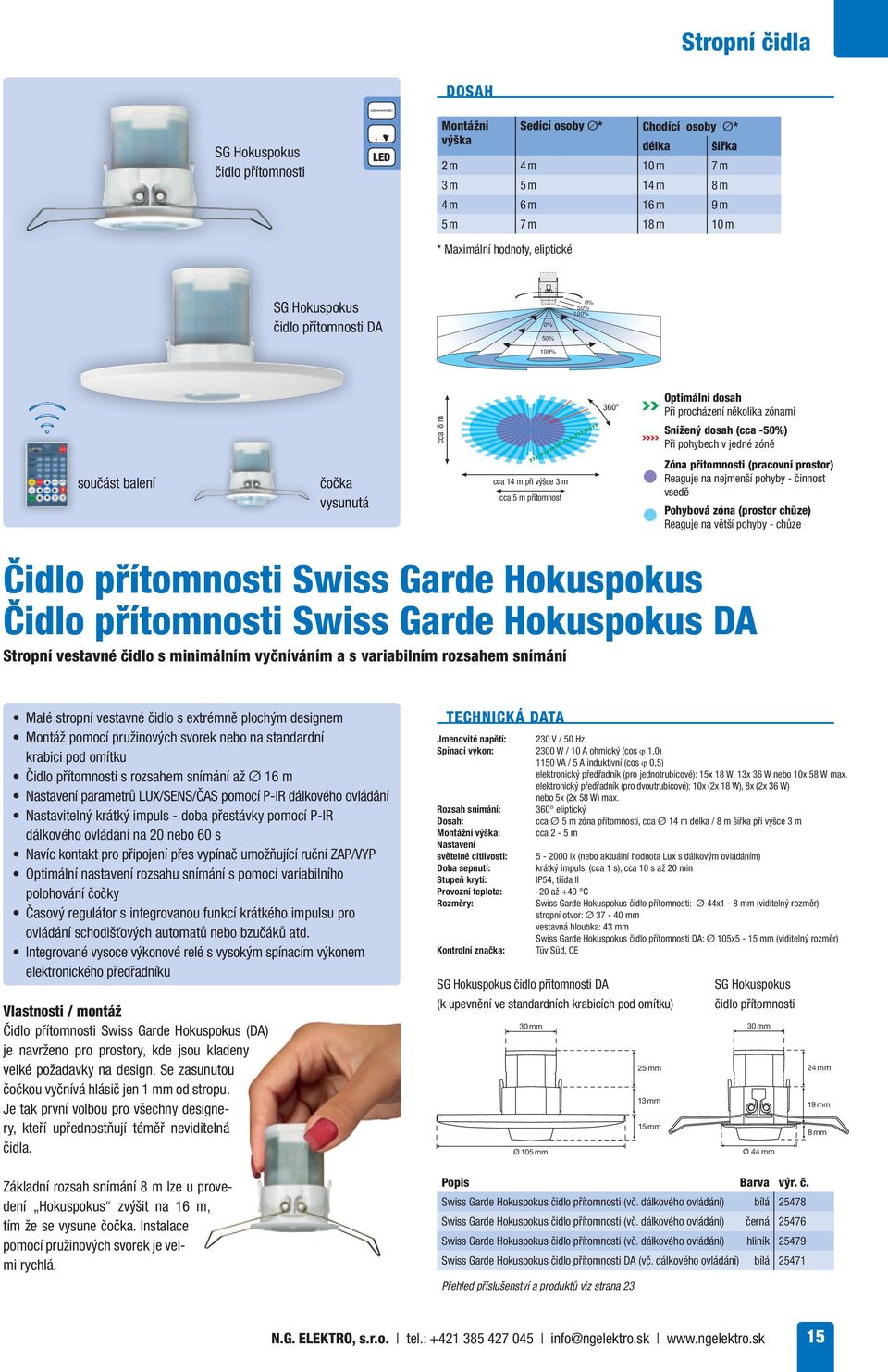 Zóna přítomnosti (pracovní prostor) Reaguje na nejmenší pohyby - činnost vsedě Reaguje na větší pohyby - chůze Čidlo přítomnosti Swiss Garde Hokuspokus Čidlo přítomnosti Swiss Garde Hokuspokus DA