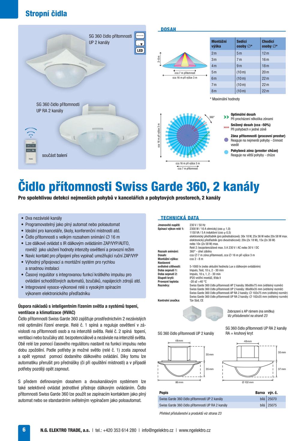 Zóna přítomnosti (pracovní prostor) Reaguje na nejmenší pohyby - činnost vsedě Reaguje na větší pohyby - chůze cca 16 m při výšce 3 m cca 7 m přítomnost Čidlo přítomnosti Swiss Garde 360, 2 kanály