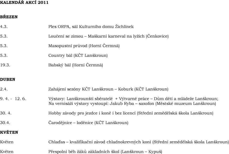 Výstavy: Lanškrounští sběratelé + Výtvarné práce Dům dětí a mládeţe Lanškroun; Na vernisáţi výstavy vystoupí: Jakub Ryba saxofon (Městské muzeum Lanškroun) 30. 4.
