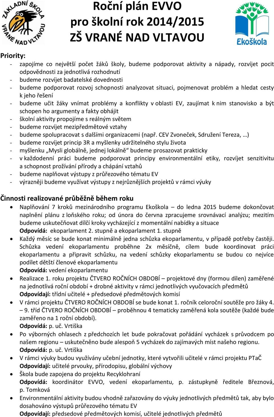 oblasti EV, zaujímat k nim stanovisko a být schopen ho argumenty a fakty obhájit - školní aktivity propojíme s reálným světem - budeme rozvíjet mezipředmětové vztahy - budeme spolupracovat s dalšími