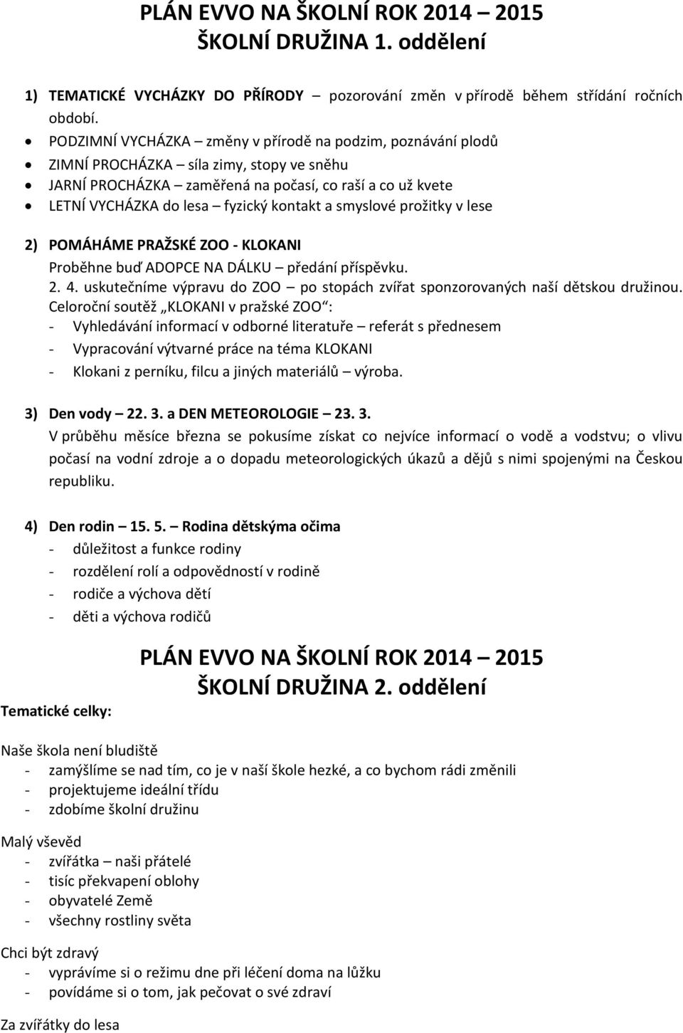 a smyslové prožitky v lese 2) POMÁHÁME PRAŽSKÉ ZOO - KLOKANI Proběhne buď ADOPCE NA DÁLKU předání příspěvku. 2. 4. uskutečníme výpravu do ZOO po stopách zvířat sponzorovaných naší dětskou družinou.