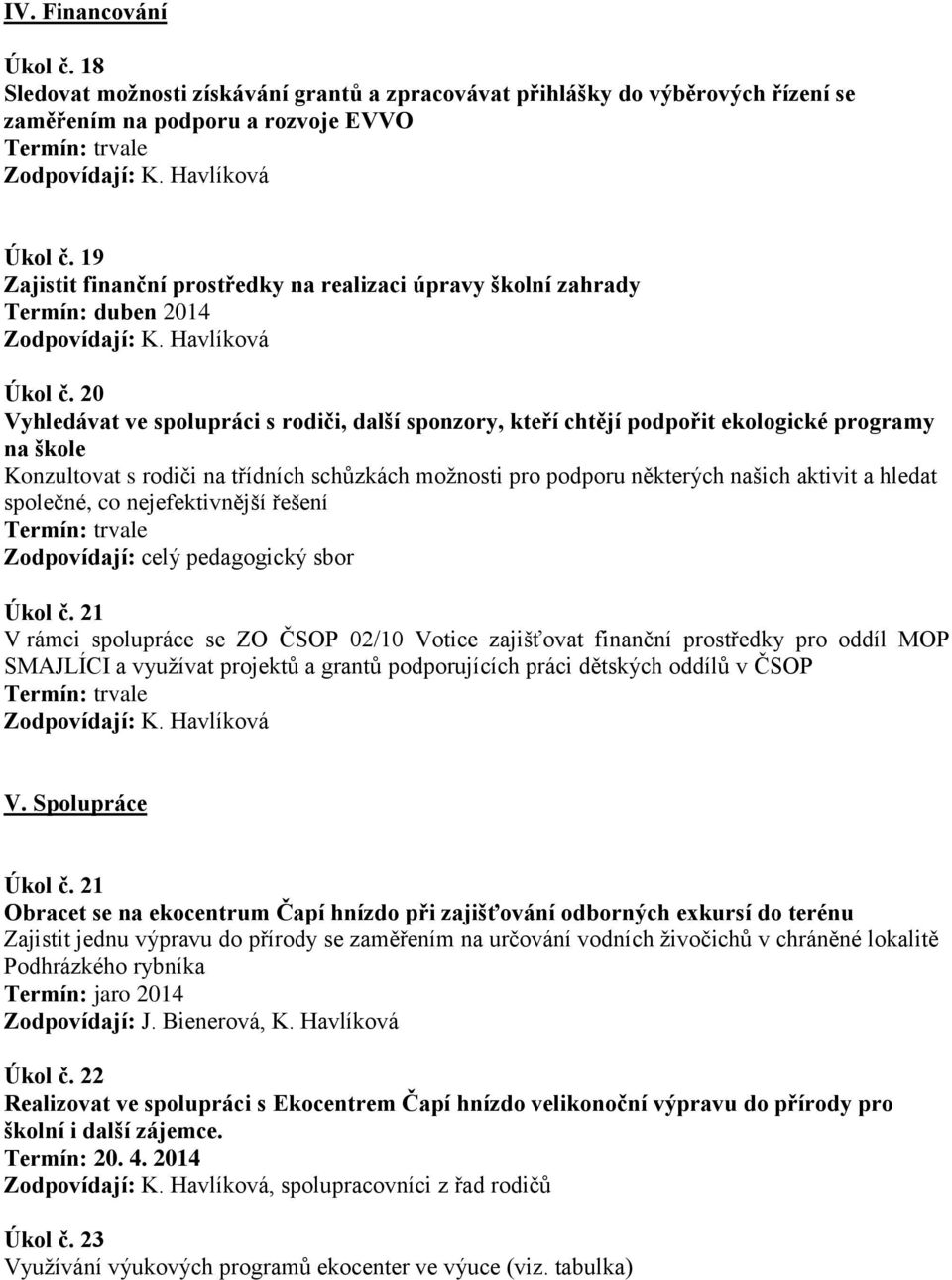 20 Vyhledávat ve spolupráci s rodiči, další sponzory, kteří chtějí podpořit ekologické programy na škole Konzultovat s rodiči na třídních schůzkách možnosti pro podporu některých našich aktivit a