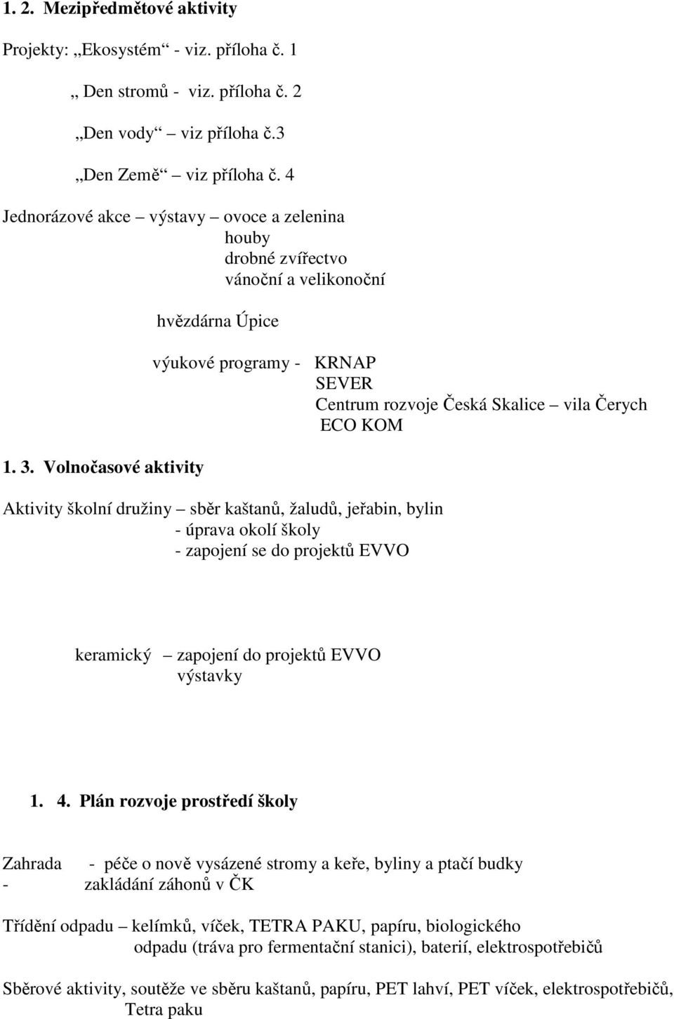 Volnočasové aktivity hvězdárna Úpice výukové programy - KRNAP SEVER Centrum rozvoje Česká Skalice vila Čerych ECO KOM Aktivity školní družiny sběr kaštanů, žaludů, jeřabin, bylin - úprava okolí školy