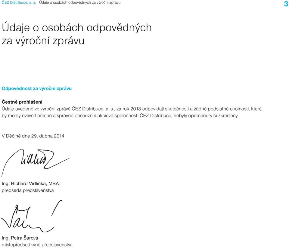 prohlášení Údaje uvedené ve výroční zprávě , za rok 2013 odpovídají skutečnosti a žádné podstatné okolnosti, které by mohly ovlivnit
