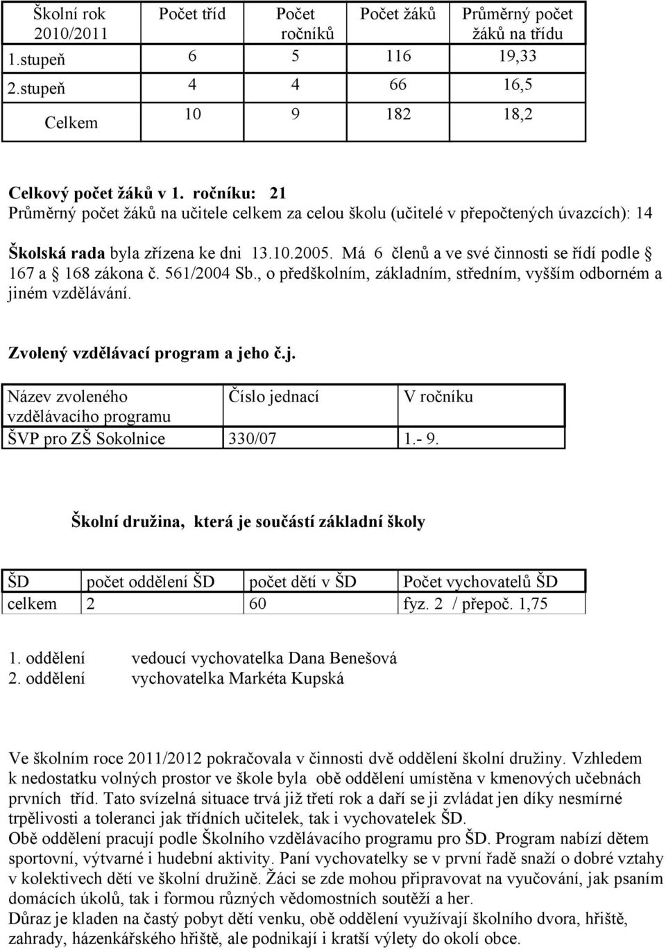56/4 Sb., o předškolním, základním, středním, vyšším odborném a jiném vzdělávání. Zvolený vzdělávací program a jeho č.j. Název zvoleného vzdělávacího programu ŠVP pro ZŠ Sokolnice Číslo jednací V ročníku 33/7.