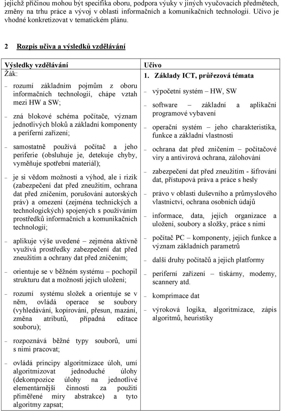 2 Rozpis učiva a výsledků vzdělávání Výsledky vzdělávání Žák: rozumí základním pojmům z oboru informačních technologií, chápe vztah mezi HW a SW; zná blokové schéma počítače, význam jednotlivých