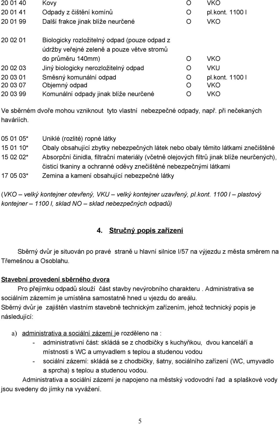 biologicky nerozložitelný odpad O VKU 20 03 01 Směsný komunální odpad O pl.kont.