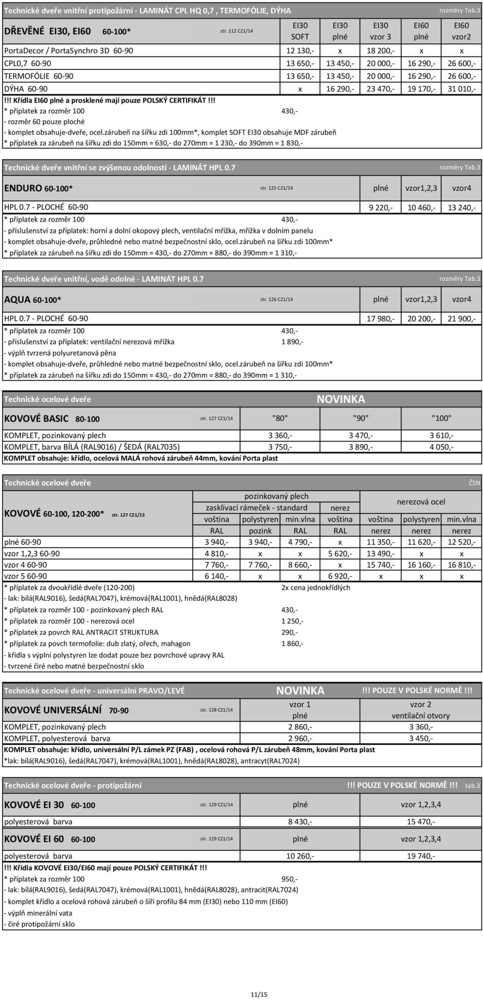 290,- 23 470,- 19 170,- 31 010,-!!! Křídla EI60 a prosklené mají pouze POLSKÝ CERTIFIKÁT!!! - rozměr 60 pouze ploché - komplet obsahuje-dveře, ocel.