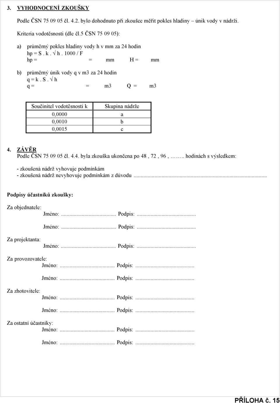 ZÁVĚR Podle ČSN 75 09 05 čl. 4.4. byla zkouška ukončena po 48, 72, 96,.. hodinách s výsledkem: - zkoušená nádrž vyhovuje podmínkám - zkoušená nádrž nevyhovuje podmínkám z důvodu.