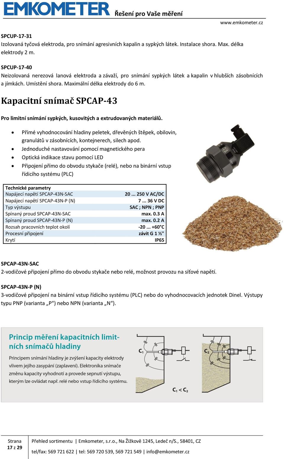 Kapacitní snímač SPCAP-43 Pro limitní snímání sypkých, kusovitých a extrudovaných materiálů.