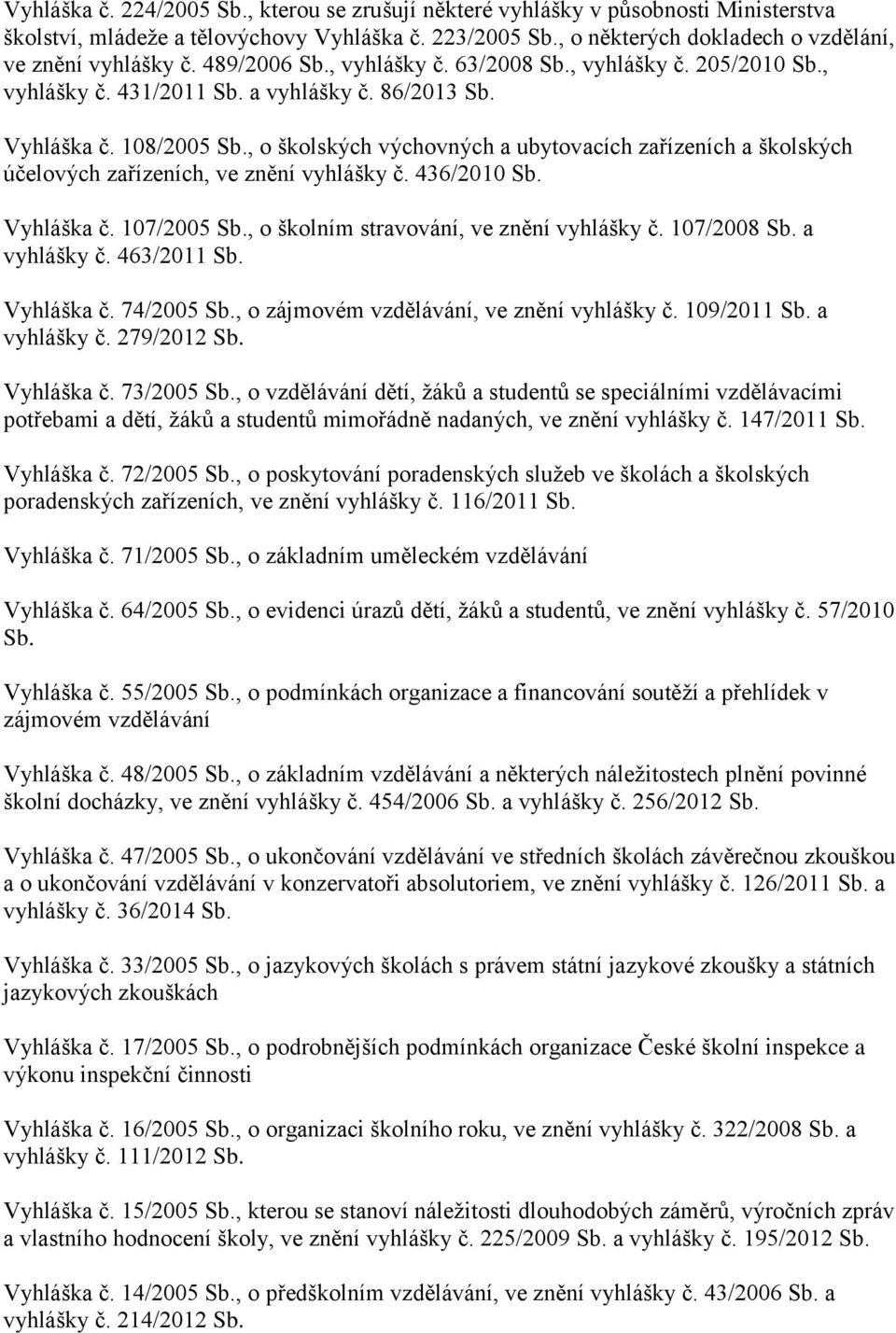 , o školských výchovných a ubytovacích zařízeních a školských účelových zařízeních, ve znění vyhlášky č. 436/2010 Sb. Vyhláška č. 107/2005 Sb., o školním stravování, ve znění vyhlášky č. 107/2008 Sb.