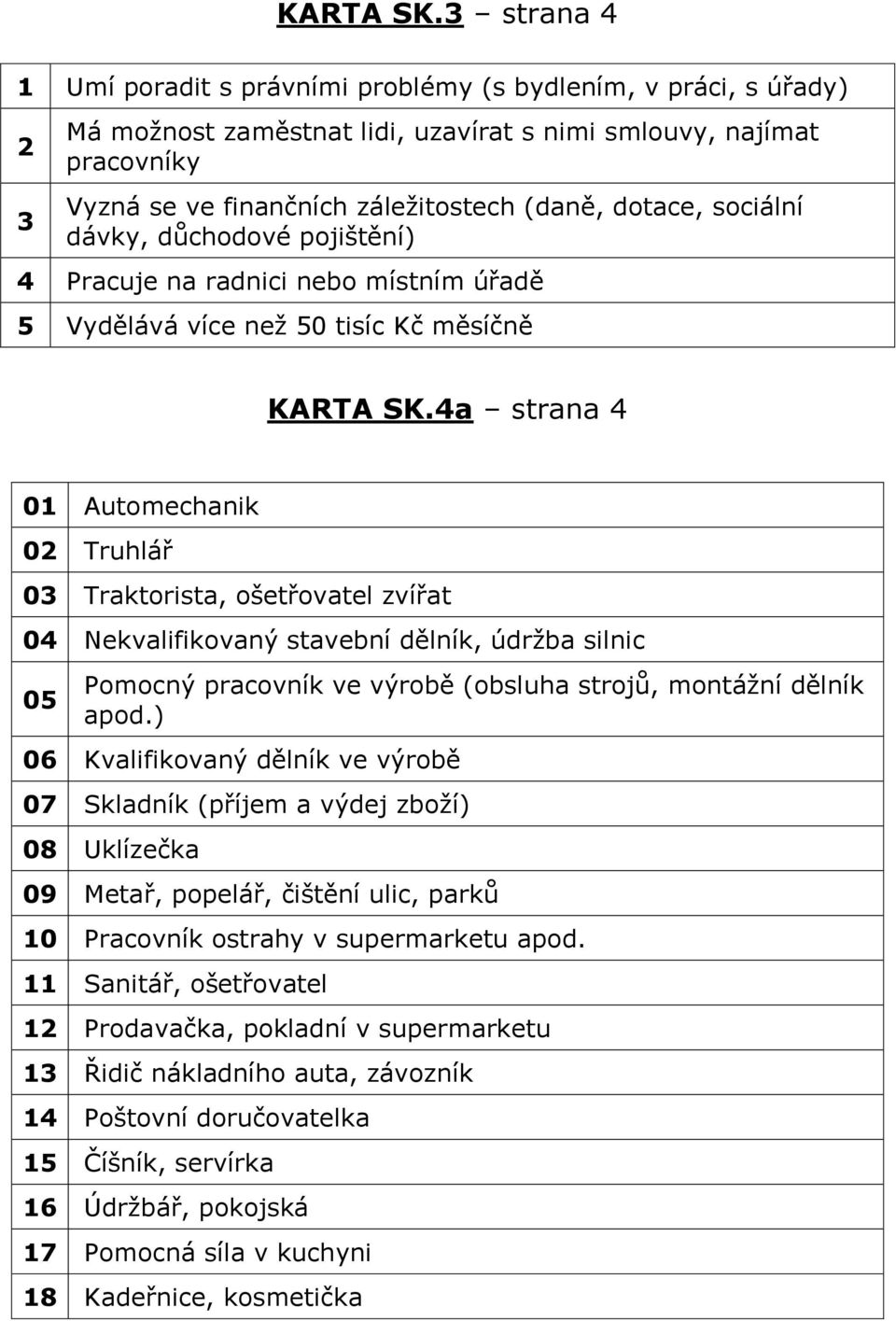 dotace, sociální dávky, důchodové pojištění) 4 Pracuje na radnici nebo místním úřadě 5 Vydělává více než 50 tisíc Kč měsíčně 4a strana 4 01 Automechanik 02 Truhlář 03 Traktorista, ošetřovatel zvířat