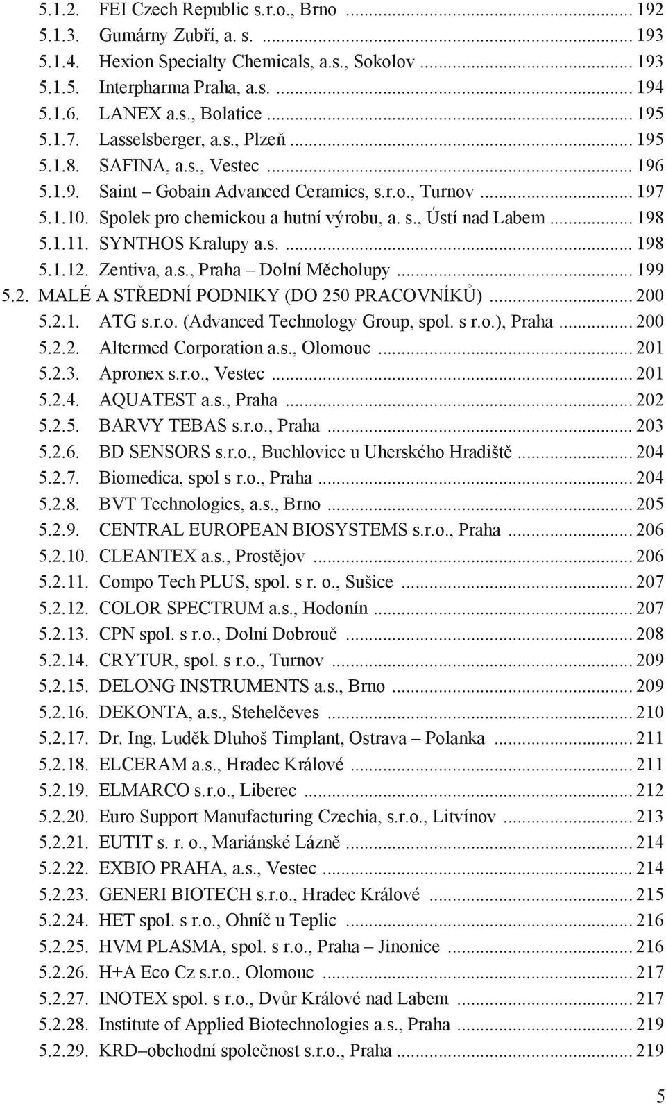 .. 198 5.1.11. SYNTHOS Kralupy a.s.... 198 5.1.12. Zentiva, a.s., Praha Dolní Měcholupy... 199 5.2. MALÉ A STŘEDNÍ PODNIKY (DO 250 PRACOVNÍKŮ)... 200 5.2.1. ATG s.r.o. (Advanced Technology Group, spol.