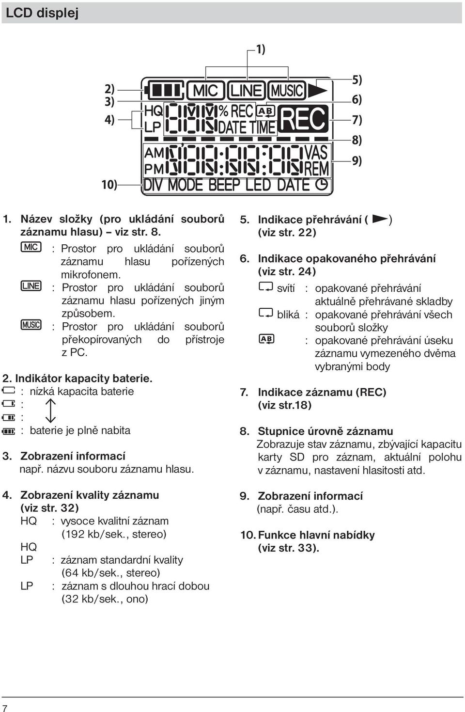 : nízká kapacita baterie : : : baterie je plně nabita 3. Zobrazení informací např. názvu souboru záznamu hlasu. 4. Zobrazení kvality záznamu (viz str. 32) HQ : vysoce kvalitní záznam (192 kb/sek.