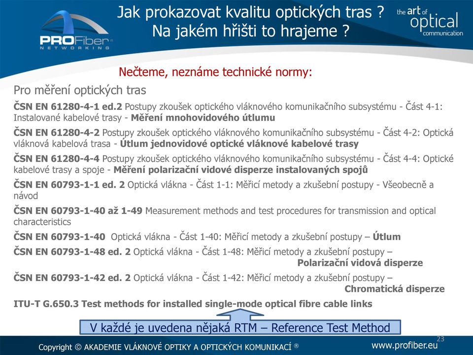 komunikačního subsystému - Část 4-2: Optická vláknová kabelová trasa - Útlum jednovidové optické vláknové kabelové trasy ČSN EN 61280-4-4 Postupy zkoušek optického vláknového komunikačního subsystému