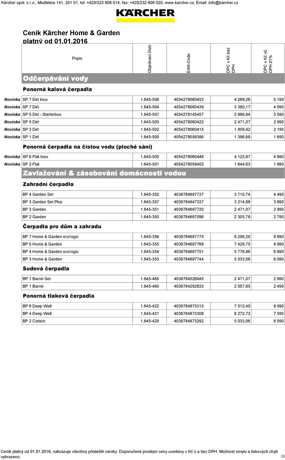 645-502 4054278060415 1 809,92 2 190 Novinka SP 1 Dirt 1.645-500 4054278059396 1 396,69 1 690 Ponorná čerpadla na čistou vodu (ploché sání) Novinka SP 6 Flat Inox 1.