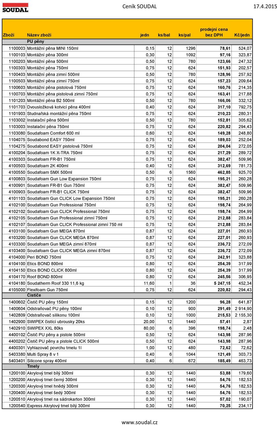 624 160,76 214,35 1100703 Montážní pěna pistolová zimní 750ml 0,75 12 624 163,41 217,88 1101203 Montážní pěna B2 500ml 0,50 12 780 166,06 332,12 1101703 Dvousložková kotvicí pěna 400ml 0,40 12 624