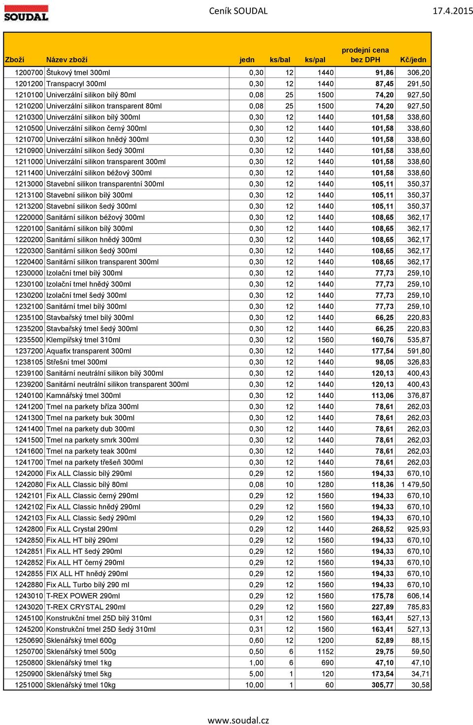 silikon hnědý 300ml 0,30 12 1440 101,58 338,60 1210900 Univerzální silikon šedý 300ml 0,30 12 1440 101,58 338,60 1211000 Univerzální silikon transparent 300ml 0,30 12 1440 101,58 338,60 1211400