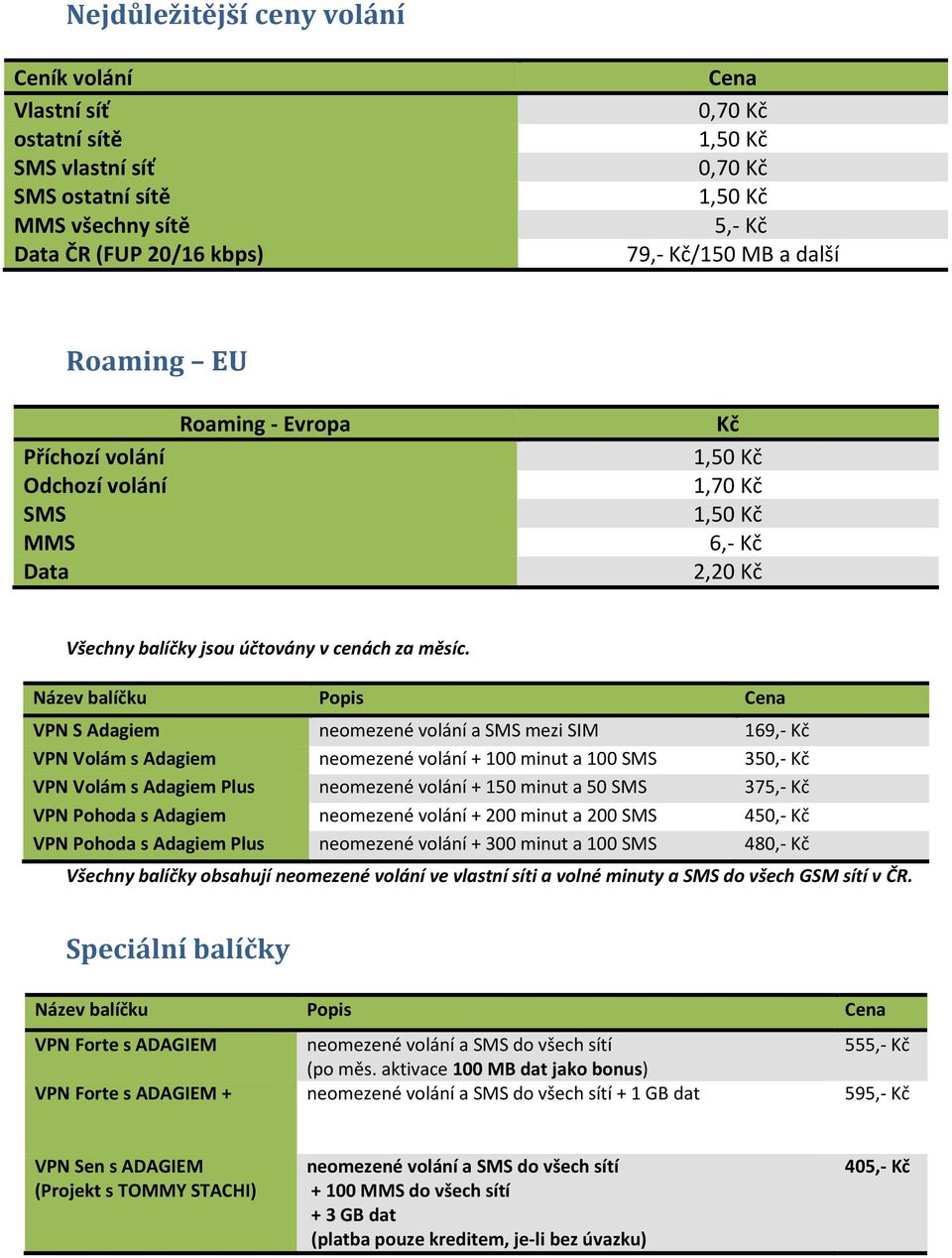 Název balíčku Popis Cena VPN S Adagiem neomezené volání a SMS mezi SIM 169,- Kč VPN Volám s Adagiem neomezené volání + 100 minut a 100 SMS 350,- Kč VPN Volám s Adagiem Plus neomezené volání + 150