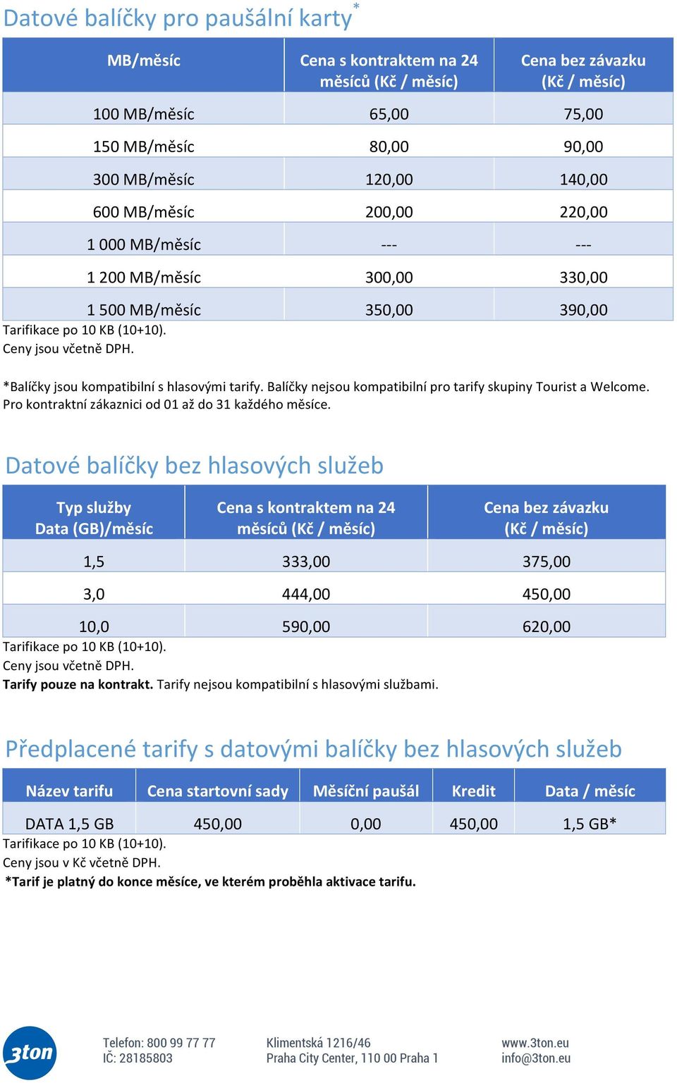 *Balíčky jsou kompatibilní s hlasovými tarify. Balíčky nejsou kompatibilní pro tarify skupiny Tourist a Welcome. Pro kontraktní zákaznici od 01 až do 31 každého měsíce.