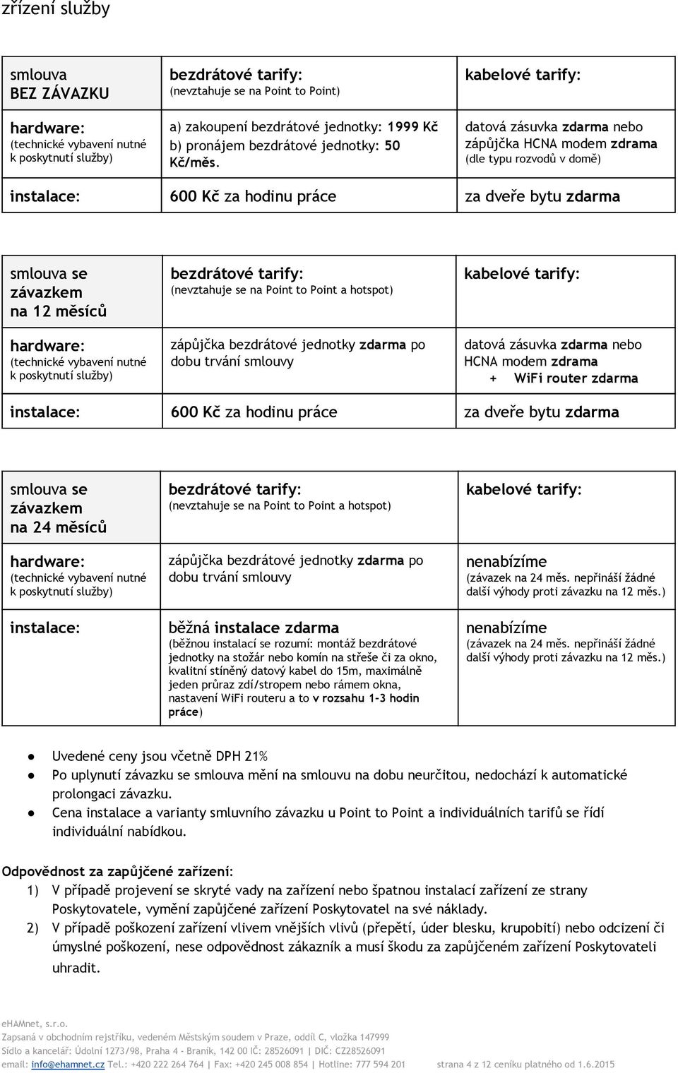 kabelové tarify: datová zásuvka zdarma nebo zápůjčka HCNA modem zdrama (dle typu rozvodů v domě) instalace: 600 Kč za hodinu práce za dveře bytu zdarma smlouva se závazkem na 12 měsíců hardware:
