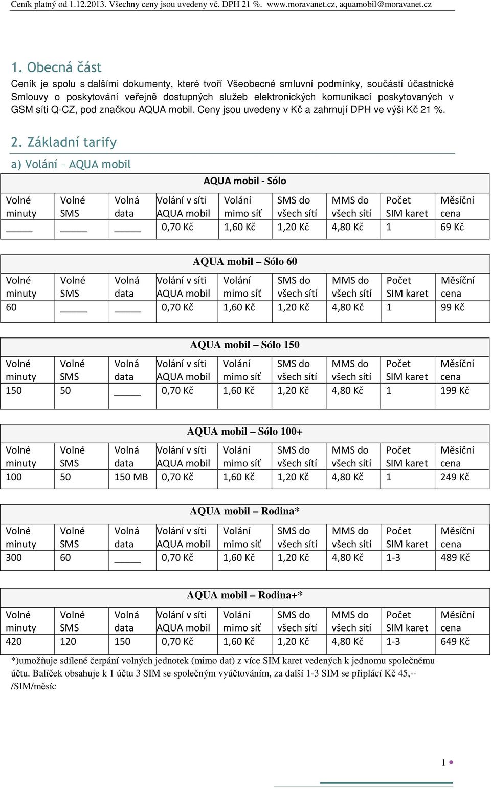 %. 2. Základní tarify a) Volání AQUA mobil AQUA mobil - Sólo 0,70 Kč 1,60 Kč 1,20 Kč 4,80 Kč 1 69 Kč AQUA mobil Sólo 60 60 0,70 Kč 1,60 Kč 1,20 Kč 4,80 Kč 1 99 Kč AQUA mobil Sólo 150 150 50 0,70 Kč