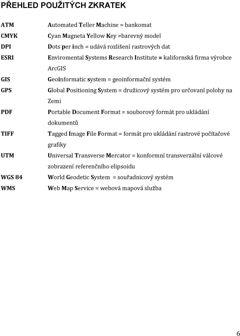 družicový systém pro určovaní polohy na Zemi Portable Document Format = souborový formát pro ukládání dokumentů Tagged Image File Format = formát pro ukládání rastrové počítačové