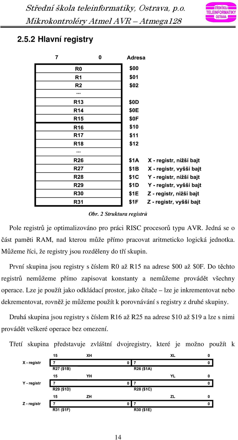 První skupina jsou registry s číslem R0 až R15 na adrese $00 až $0F. Do těchto registrů nemůžeme přímo zapisovat konstanty a nemůžeme provádět všechny operace.