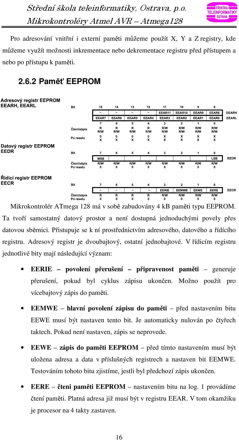 Přistupuje se k ní prostřednictvím adresového, datového a řídícího registru. Adresový registr je dvoubajtový, ostatní jednobajtové.