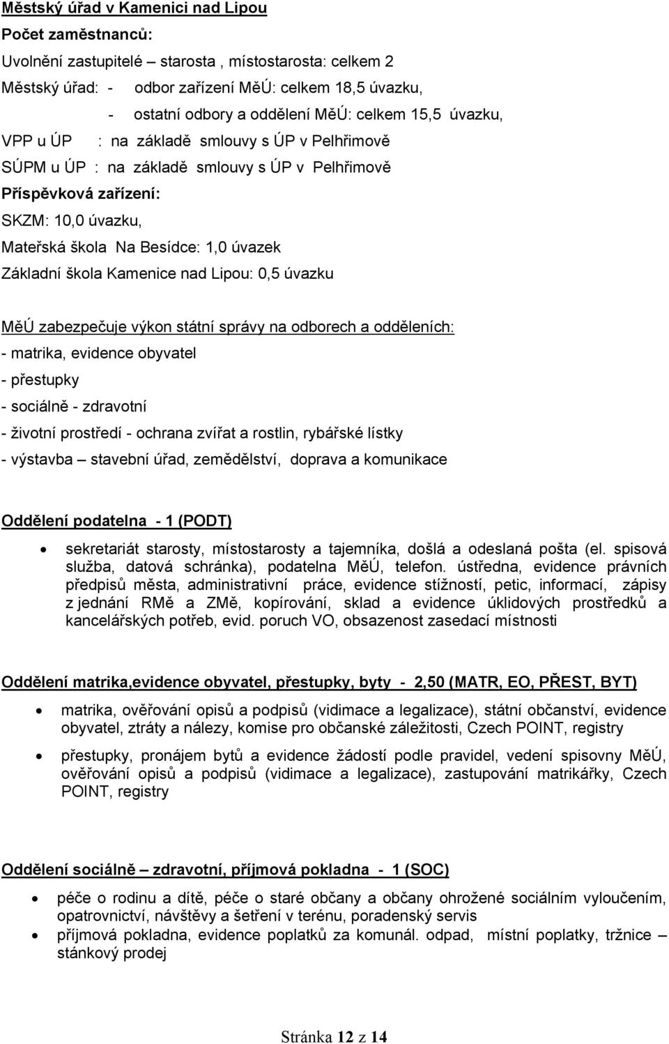 Základní škola Kamenice nad Lipou: 0,5 úvazku MěÚ zabezpečuje výkon státní správy na odborech a odděleních: - matrika, evidence obyvatel - přestupky - sociálně - zdravotní - životní prostředí -