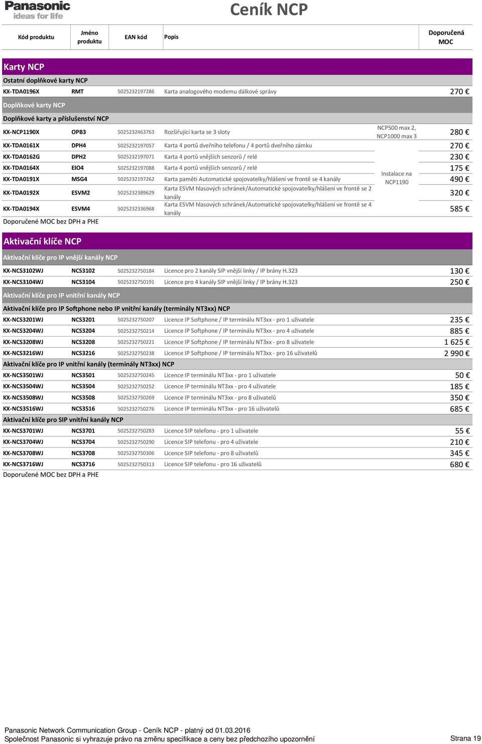 4 portů vnějších senzorů / relé 230 KX-TDA0164X EIO4 5025232197088 Karta 4 portů vnějších senzorů / relé 175 Instalace na KX-TDA0191X MSG4 5025232197262 Karta paměti Automatické spojovatelky/hlášení