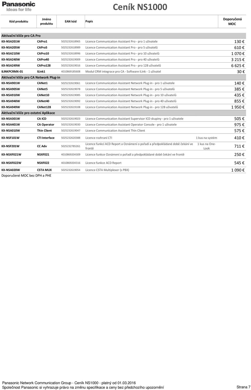 uživatelů 3215 KX-NSA249W CAPro128 5025232619016 Licence Communication Assistant Pro - pro 128 uživatelů 6625 ILINKPCRMX-01 ILink1 4010869185608 Modul CRM integrace pro CA - Software ilink - 1