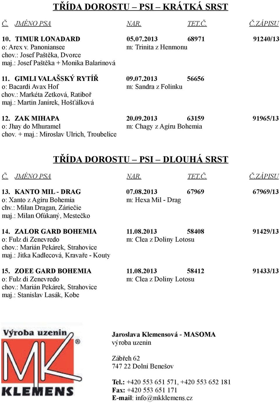 + maj.: Miroslav Ulrich, Troubelice TŘÍDA DOROSTU PSI DLOUHÁ SRST 13. KANTO MIL - DRAG 07.08.2013 67969 67969/13 o: Xanto z Agíru Bohemia m: Hexa Mil - Drag chv.: Milan Dragan, Záriečie maj.
