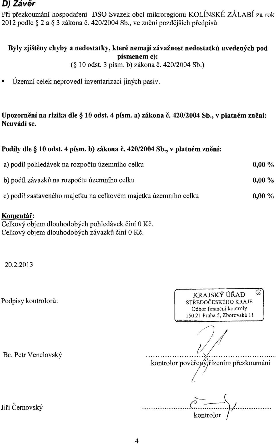 ) Územní celek neprovedl inventarizaci jiných pasiv. Upozornění na rizika dle 10 odst. 4 písm. a) zákona Č. 420/2004 Sb., v platném znění: Neuvádí se. Podíly dle 10 odst. 4 písm. b) zákona č.