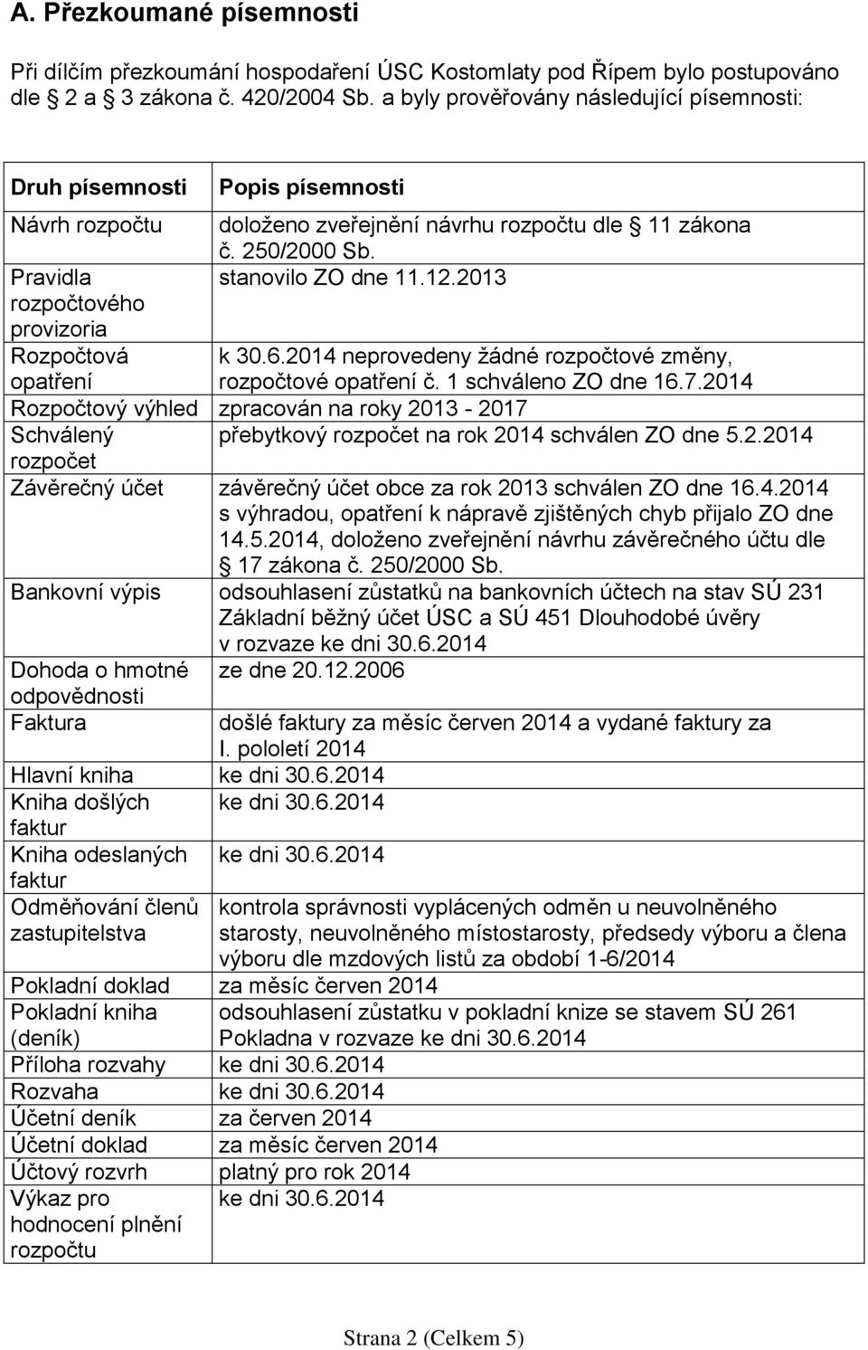 250/2000 Sb. stanovilo ZO dne 11.12.2013 k 30.6.2014 neprovedeny žádné rozpočtové změny, rozpočtové opatření č. 1 schváleno ZO dne 16.7.